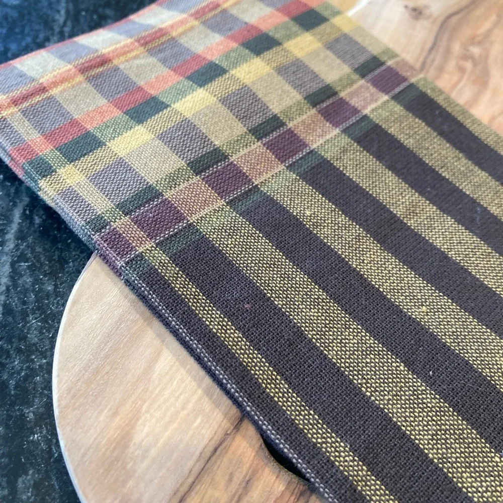 Pottery Barn Woodrow Plaid Cotton Napkins, SET OF 3 Brown Gray Multi Rare Rustic